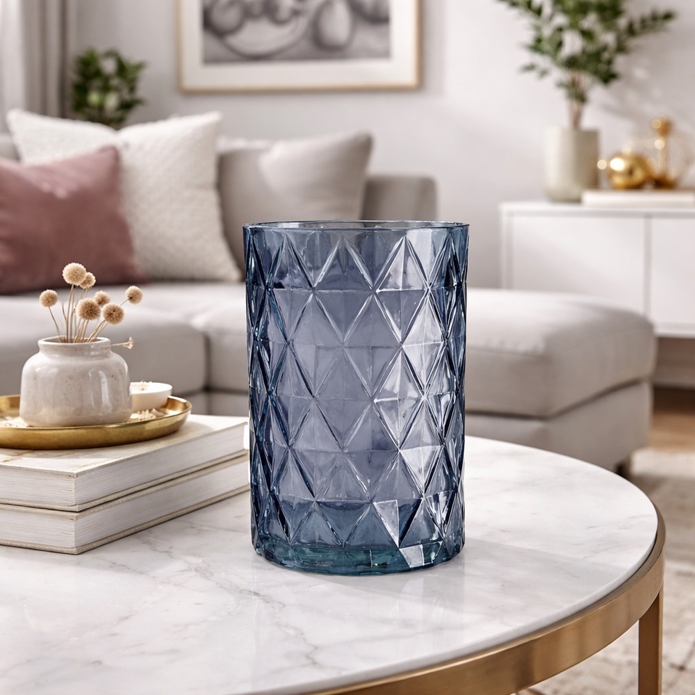Smoky Blue Diamond Cut Glass Vase – Modern Geometric Decorative Vase (8” Tall)